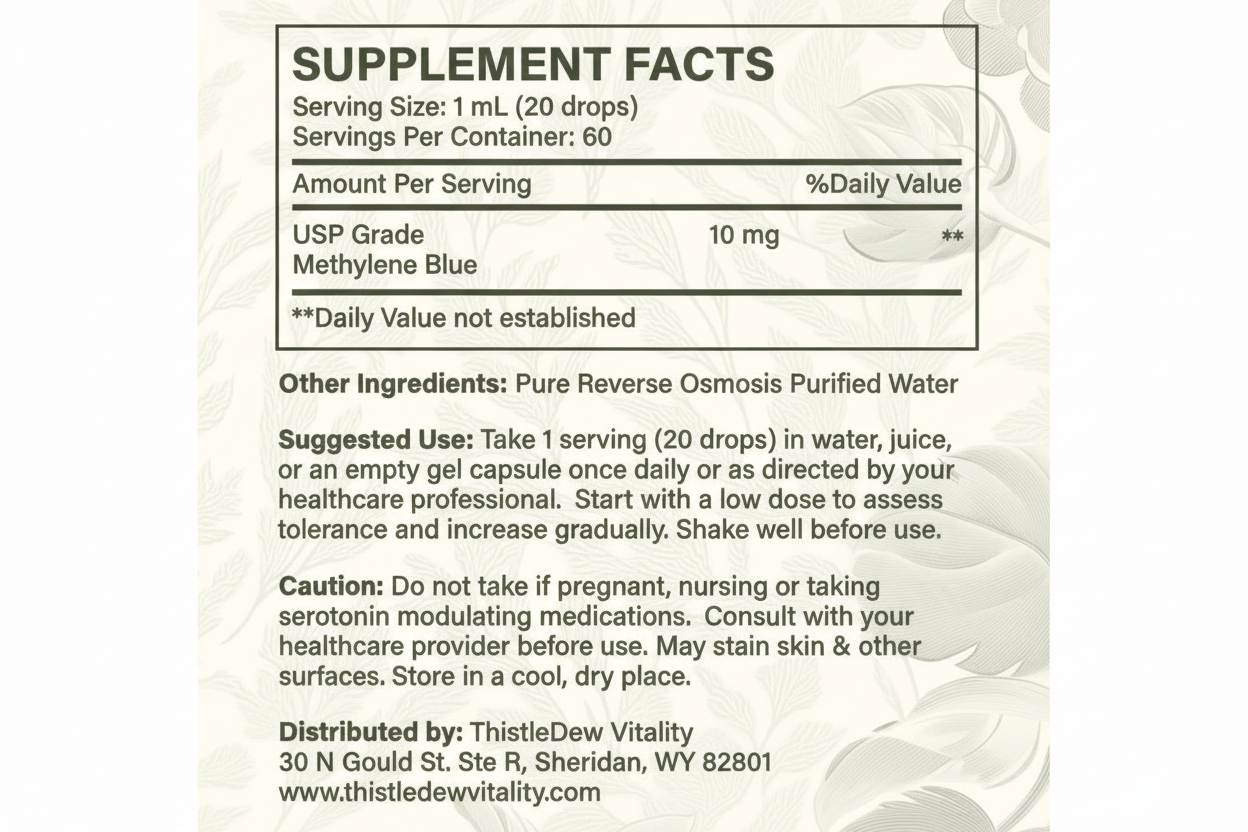 Premium Methylene Blue, Increased Energy (ATP) Production Powerful Antioxidant Supports Cellular Health Supports Healthy Mood Balance Supports Cognitive Function Sustained Performance Our Premium Methylene Blue Drops deliver 10mg of USP grade methylene bl
