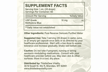 Premium Methylene Blue, Increased Energy (ATP) Production Powerful Antioxidant Supports Cellular Health Supports Healthy Mood Balance Supports Cognitive Function Sustained Performance Our Premium Methylene Blue Drops deliver 10mg of USP grade methylene bl